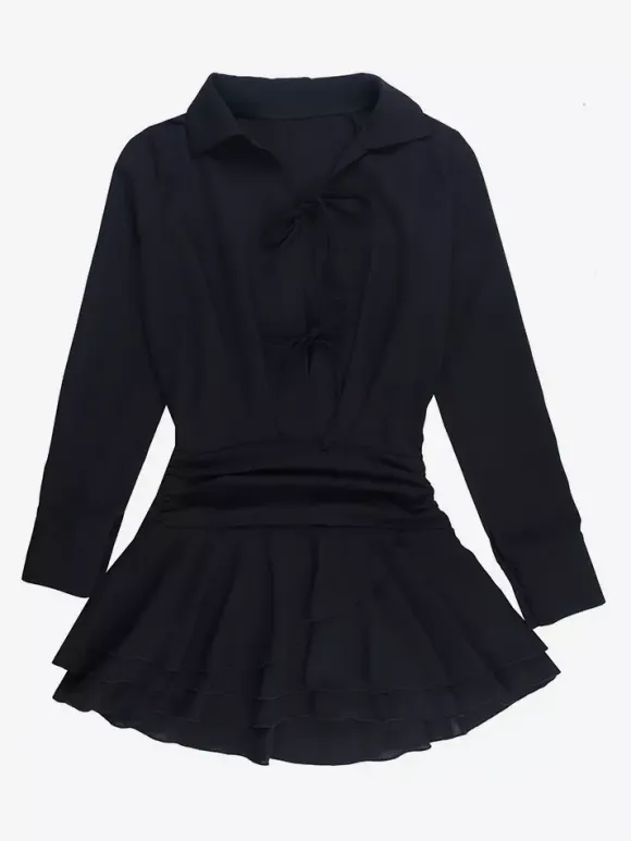 Tie Front Cutout Shirt Dress For Women - Black Long Sleeve Ruffle Hem Mini Dress - Spring Streetwear 2026