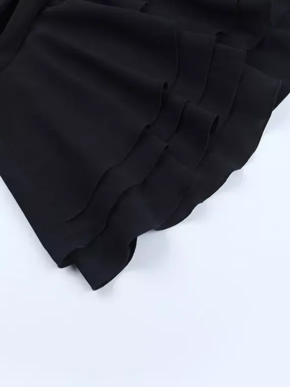 Tie Front Cutout Shirt Dress For Women - Black Long Sleeve Ruffle Hem Mini Dress - Spring Streetwear 2026