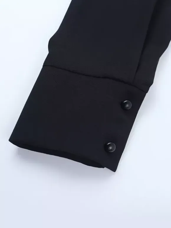 Tie Front Cutout Shirt Dress For Women - Black Long Sleeve Ruffle Hem Mini Dress - Spring Streetwear 2026