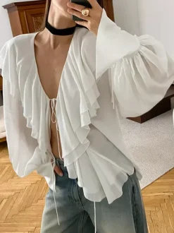 Tie Front Ruffle Blouse Women Chic Top - White French Vintage Lantern Sleeve Deep V Neck - Spring Daily Streetwear 2026