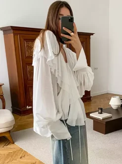 Tie Front Ruffle Blouse Women Chic Top - White French Vintage Lantern Sleeve Deep V Neck - Spring Daily Streetwear 2026