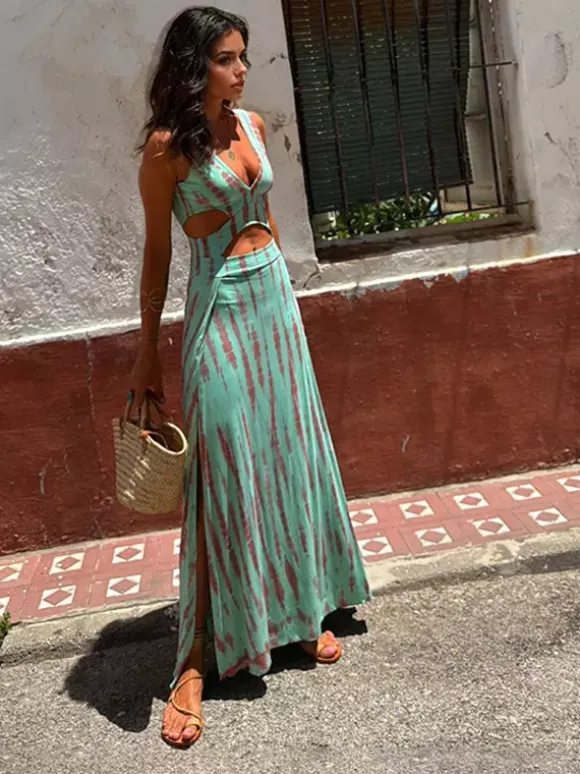 Tie Dye Maxi Dress for Women - Boho Cut Out V Neck High Slit Flowy Sleeveless Sundress - Summer Beach Vacation 2026