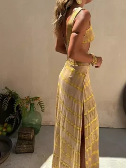 Tie Dye Maxi Dress for Women - Boho Cut Out V Neck High Slit Flowy Sleeveless Sundress - Summer Beach Vacation 2026