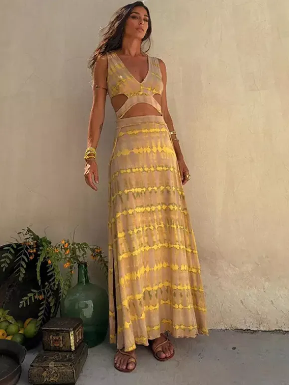 Tie Dye Maxi Dress for Women - Boho Cut Out V Neck High Slit Flowy Sleeveless Sundress - Summer Beach Vacation 2026