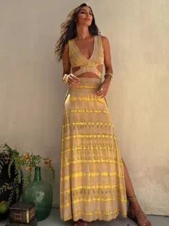 Tie Dye Maxi Dress for Women - Boho Cut Out V Neck High Slit Flowy Sleeveless Sundress - Summer Beach Vacation 2026