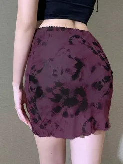 Tie Dye Mesh Mini Skirt For Women - Grunge Y2K Lettuce Hem Bodycon Skirt - Summer Club Festival 2026
