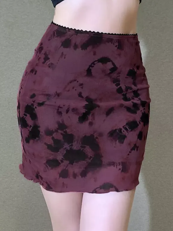 Tie Dye Mesh Mini Skirt For Women - Grunge Y2K Lettuce Hem Bodycon Skirt - Summer Club Festival 2026