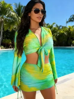 Tie Dye 4 Piece Swimsuit Set For Women - Yellow Bikini With Ruched Long Sleeve Top And Skirt Cover Up - Summer Beach Party 2026
