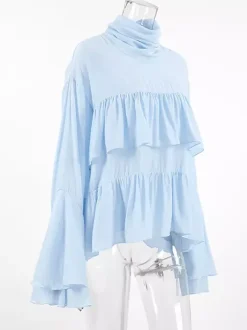 Tiered Ruffle Light Blue Women Blouse - Elegant High Neck Bell Sleeve Top - Boho Chic Beach Wear 2026