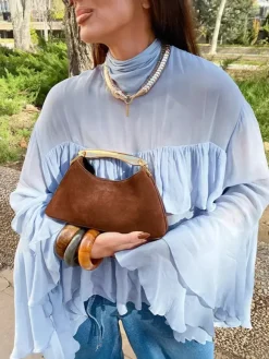 Tiered Ruffle Light Blue Women Blouse - Elegant High Neck Bell Sleeve Top - Boho Chic Beach Wear 2026