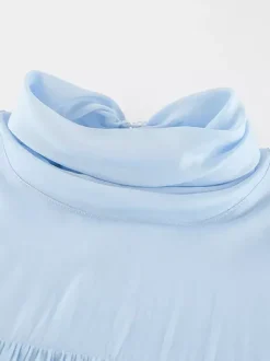 Tiered Ruffle Light Blue Women Blouse - Elegant High Neck Bell Sleeve Top - Boho Chic Beach Wear 2026