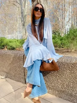 Tiered Ruffle Light Blue Women Blouse - Elegant High Neck Bell Sleeve Top - Boho Chic Beach Wear 2026