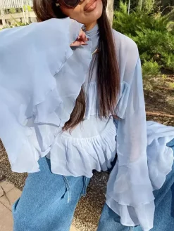 Tiered Ruffle Light Blue Women Blouse - Elegant High Neck Bell Sleeve Top - Boho Chic Beach Wear 2026