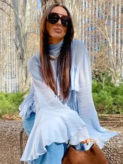 Tiered Ruffle Light Blue Women Blouse - Elegant High Neck Bell Sleeve Top - Boho Chic Beach Wear 2026