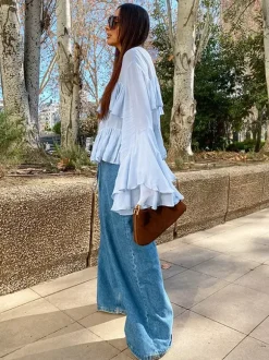 Tiered Ruffle Light Blue Women Blouse - Elegant High Neck Bell Sleeve Top - Boho Chic Beach Wear 2026