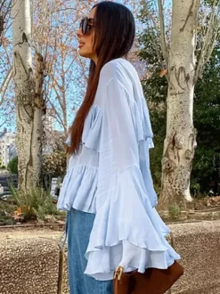 Tiered Ruffle Light Blue Women Blouse - Elegant High Neck Bell Sleeve Top - Boho Chic Beach Wear 2026