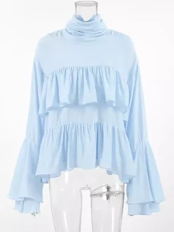 Tiered Ruffle Light Blue Women Blouse - Elegant High Neck Bell Sleeve Top - Boho Chic Beach Wear 2026