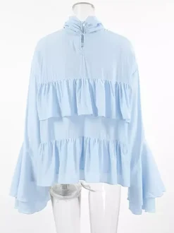 Tiered Ruffle Light Blue Women Blouse - Elegant High Neck Bell Sleeve Top - Boho Chic Beach Wear 2026