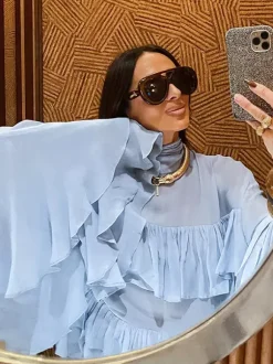 Tiered Ruffle Light Blue Women Blouse - Elegant High Neck Bell Sleeve Top - Boho Chic Beach Wear 2026