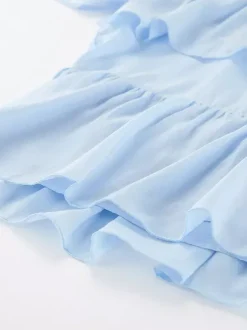 Tiered Ruffle Light Blue Women Blouse - Elegant High Neck Bell Sleeve Top - Boho Chic Beach Wear 2026