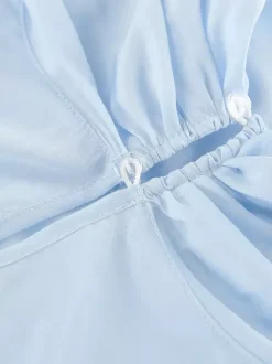 Tiered Ruffle Light Blue Women Blouse - Elegant High Neck Bell Sleeve Top - Boho Chic Beach Wear 2026