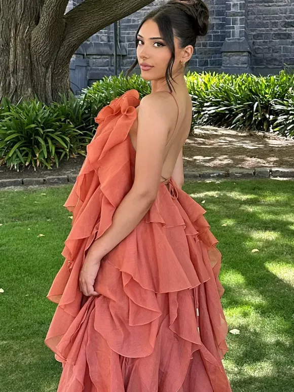 Tiered Maxi Dress With Floral Accents And Open Back For Summer Events 2026