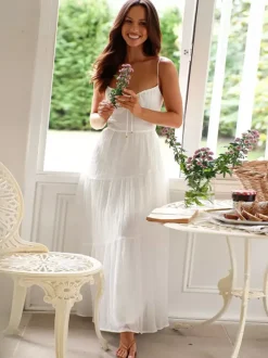Tiered Maxi Sundress for Women - Ruched Bust Tie Front A Line Long Slip Dress - Summer Beach Wedding Guest 2026