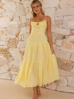 Tiered Maxi Sundress for Women - Ruched Bust Tie Front A Line Long Slip Dress - Summer Beach Wedding Guest 2026