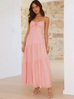 Tiered Maxi Sundress for Women - Ruched Bust Tie Front A Line Long Slip Dress - Summer Beach Wedding Guest 2026