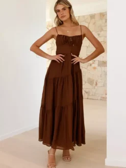 Tiered Maxi Sundress for Women - Ruched Bust Tie Front A Line Long Slip Dress - Summer Beach Wedding Guest 2026