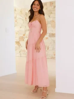 Tiered Maxi Sundress for Women - Ruched Bust Tie Front A Line Long Slip Dress - Summer Beach Wedding Guest 2026