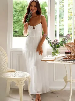 Tiered Maxi Sundress for Women - Ruched Bust Tie Front A Line Long Slip Dress - Summer Beach Wedding Guest 2026