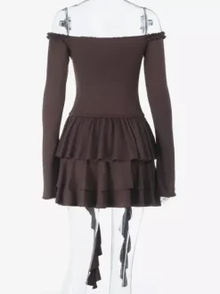Tiered Ruffle Dress For Women - Coffee Brown Off Shoulder Long Sleeve Balletcore Mini Dress - Spring Birthday Party 2026