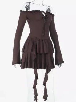 Tiered Ruffle Dress For Women - Coffee Brown Off Shoulder Long Sleeve Balletcore Mini Dress - Spring Birthday Party 2026