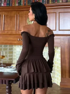 Tiered Ruffle Dress For Women - Coffee Brown Off Shoulder Long Sleeve Balletcore Mini Dress - Spring Birthday Party 2026