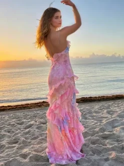 Tiered Ruffle Maxi Slip Dress for Women - Floral Backless V Neck Sleeveless Long Sundress - Summer Beach Vacation 2026