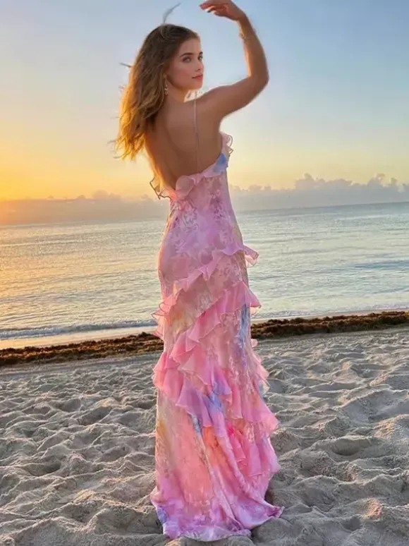 Tiered Ruffle Maxi Slip Dress for Women - Floral Backless V Neck Sleeveless Long Sundress - Summer Beach Vacation 2026