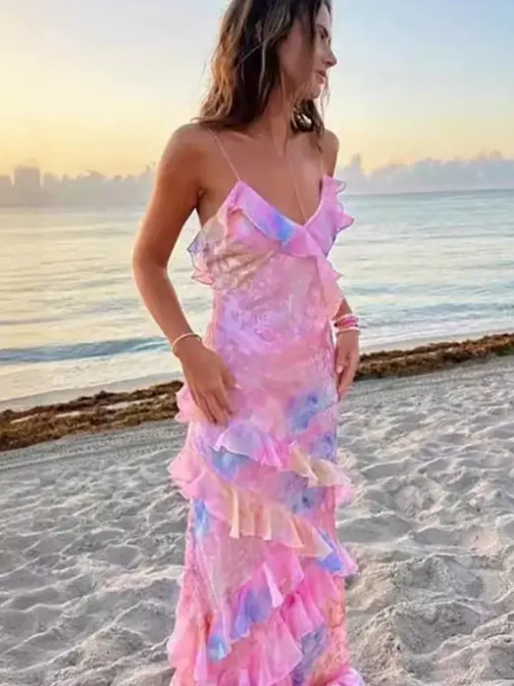 Tiered Ruffle Maxi Slip Dress for Women - Floral Backless V Neck Sleeveless Long Sundress - Summer Beach Vacation 2026