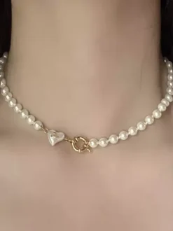 Tiny White Pearl Choker Heart Shaped Pendant Gold Clasp Dainty Daily Neck Jewelry