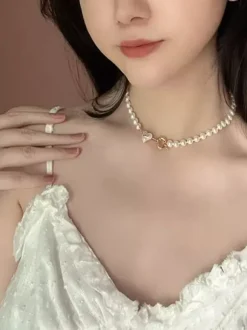 Tiny White Pearl Choker Heart Shaped Pendant Gold Clasp Dainty Daily Neck Jewelry