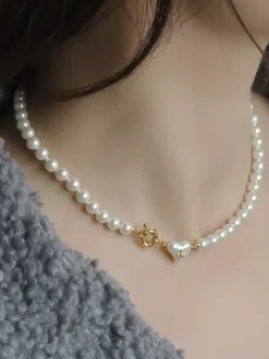 Tiny White Pearl Choker Heart Shaped Pendant Gold Clasp Dainty Daily Neck Jewelry