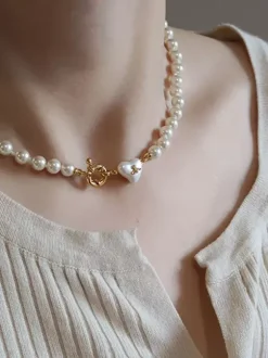 Tiny White Pearl Choker Heart Shaped Pendant Gold Clasp Dainty Daily Neck Jewelry