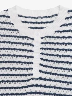 Tops Short Sleeves Tees Dark Navy Stripes Buttons Jewel Neck T-Shirt