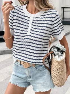 Tops Short Sleeves Tees Dark Navy Stripes Buttons Jewel Neck T-Shirt