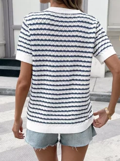 Tops Short Sleeves Tees Dark Navy Stripes Buttons Jewel Neck T-Shirt