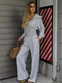 Tracksuit Set Hooded Crop Top Wide Leg Pants Soft Loungewear Women Tracksuit Set