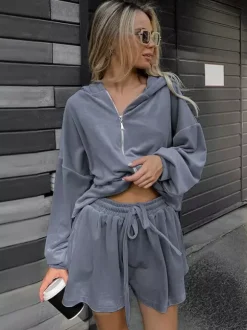 Tracksuit Short Set Velvet Hoodie Drawstring Shorts Casual Loungewear Tracksuit Short Set