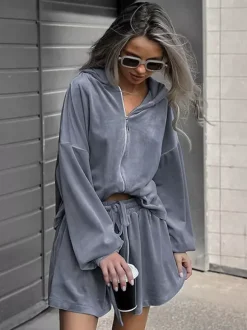 Tracksuit Short Set Velvet Hoodie Drawstring Shorts Casual Loungewear Tracksuit Short Set