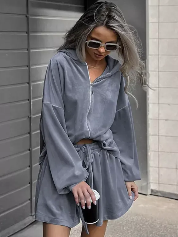 Tracksuit Short Set Velvet Hoodie Drawstring Shorts Casual Loungewear Tracksuit Short Set