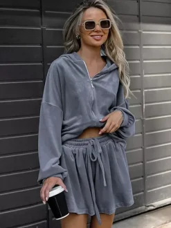 Tracksuit Short Set Velvet Hoodie Drawstring Shorts Casual Loungewear Tracksuit Short Set
